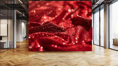 Decorative red glittering sequins on red cloth textile texture fashion background.  Wall mural