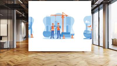 Building construction sites concept. Construction managers and engineers working on a building site. Structural engineer and architect wearing orange work vests discussing at the construction site.  Wall mural