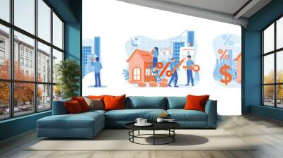 Home selection and search. People invest money in houses. People buy houses with mortgage loans. Real estate business concept. Set flat vector illustration. Wall mural