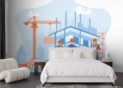 The construction team is working on a building project. The contractor and work team discuss and assess the construction process at the project site. Architect and engineer construction concept. Wall mural