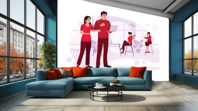 Two male and female co-workers are in an office, discussing a work project via a laptop, and there are two female colleagues sitting and chatting. Trend Modern vector flat illustration. Wall mural