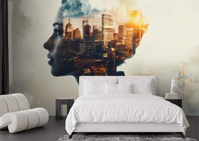 Double Exposure Image of Business Person on modern city background. Future business and communication technology concept. Surreal futuristic cityscape and abstract multiple exposure graphic interface. Wall mural