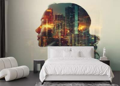 Double Exposure Image of Business Person on modern city background. Future business and communication technology concept. Surreal futuristic cityscape and abstract multiple exposure graphic interface. Wall mural