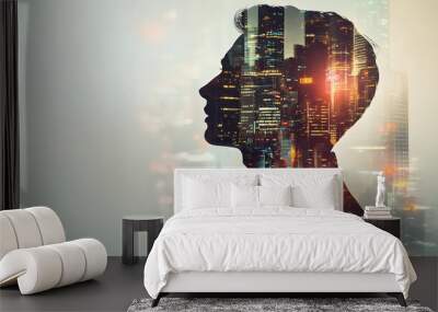 Double Exposure Image of Business Person on modern city background. Future business and communication technology concept. Surreal futuristic cityscape and abstract multiple exposure graphic interface. Wall mural