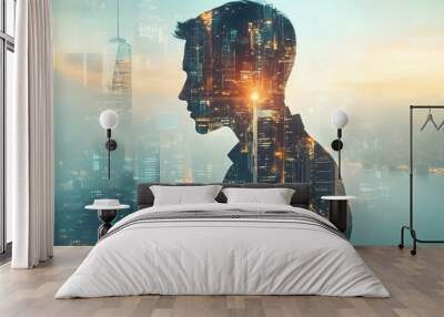 Double Exposure Image of Business Person on modern city background. Future business and communication technology concept. Surreal futuristic cityscape and abstract multiple exposure graphic interface. Wall mural