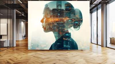 Double Exposure Image of Business Person on modern city background. Future business and communication technology concept. Surreal futuristic cityscape and abstract multiple exposure graphic interface. Wall mural