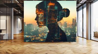 Double Exposure Image of Business Person on modern city background. Future business and communication technology concept. Surreal futuristic cityscape and abstract multiple exposure graphic interface. Wall mural