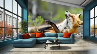 Funny red fox stretches. Concept - funny animals in the wild. Wall mural