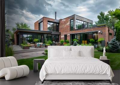 Grassy lawn with lush plants growing in backyard of modern brick house against cloudy sky in daytime.  Wall mural