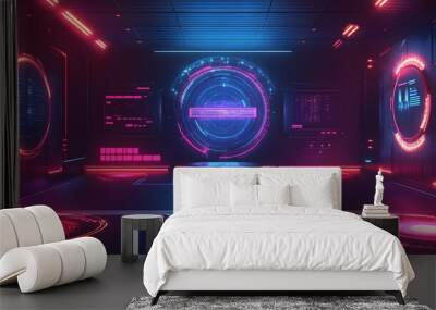 Horizontal abstract holograms with HUD interface. Blank cyberspace with futuristic elements. Circle elements Sci-fi podium for show product in cyberpunk style. 3D holograms HUD for UI, Web. Vector lab Wall mural