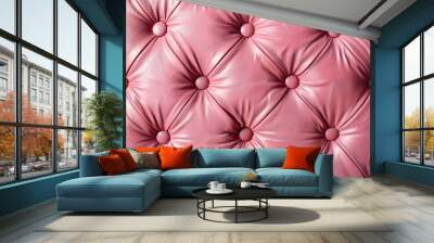 Leather texture surface with luxury seamless sewing thread diamond square shape pattern in pink color for background wallpaper and design, closeup.  Wall mural