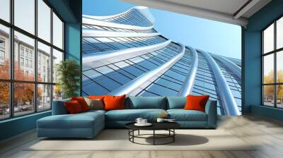 Low angle view of futuristic architecture, Skyscraper of office building with curve glass window.  Wall mural