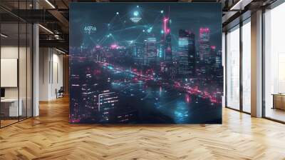 Modern city with wireless network connection and city scape concept.Wireless network and Connection technology concept with city background at night.  Wall mural