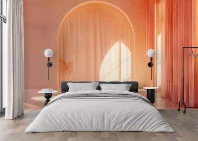 Peach pastel luxury studio gradient wall and floor background in empty room with bright light.  Wall mural