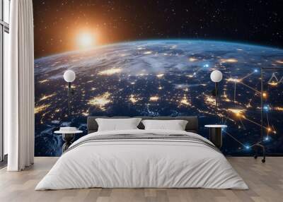 Planet Earth, city lights and cellular digital network growing binary data.  Wall mural