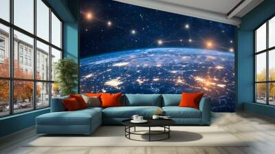 Planet Earth, city lights and cellular digital network growing binary data.  Wall mural