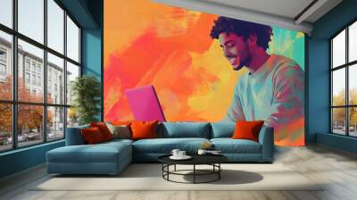 Portrait of happy young man with laptop on color background.  Wall mural