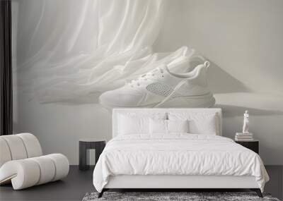 The shot of a white running sport sneaker shoe pair isolated on a white orange grey blue background.  Wall mural