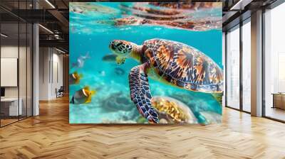 Underwater fish nature animal illustration water reef background. Wall mural