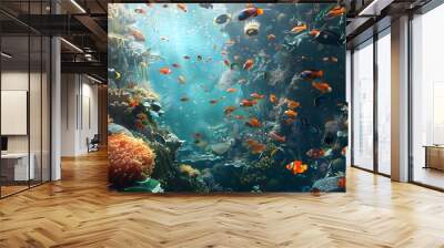 Underwater fish nature animal illustration water reef background. Wall mural