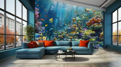 Underwater fish nature animal illustration water reef background. Wall mural