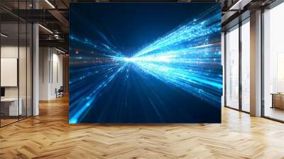 Vector Abstract, science, futuristic, energy technology concept. Digital image of light rays, stripes lines with blue light, speed and motion blur over dark blue background.  Wall mural