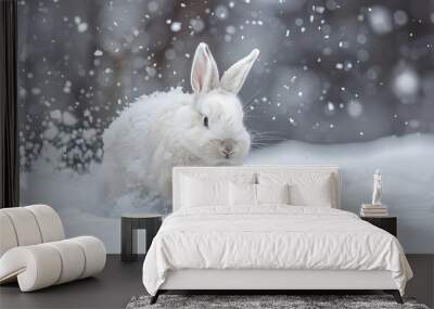 white funny fluffy rabbit in the snow.  Wall mural