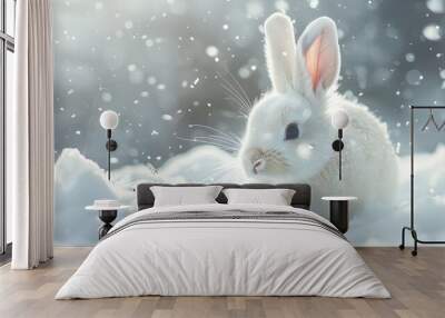 white funny fluffy rabbit in the snow.  Wall mural