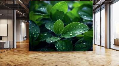 Green leaves with dew droplets Wall mural