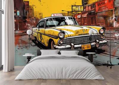 Yellow cab taxi car vintage illustration Wall mural