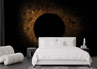 Dark texture with a round sprinkling of gold. Backdrop with golden sparkle for frame, copy space, and overlay photo effect. fancy, luxury, themed backgrounds. Wall mural