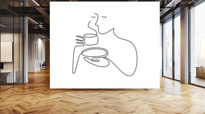 Coffee time in one line drawing. Relaxation and hot drink concept. Wall mural