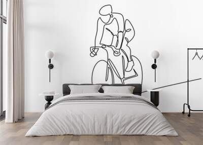 Man riding racing bike wear helmet continuous line drawing. Fitness and sport concept. Wall mural