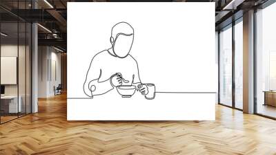 One continuous line vector drawing of a man eating soup. Wall mural