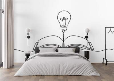 One line drawing of a light bulb on a book. Highlighting creativity and enlightenment. Wall mural