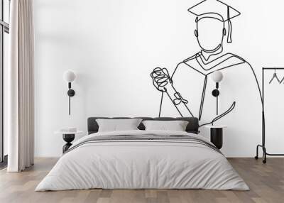 One line drawing of a man celebrating graduation. Capturing academic achievement. Wall mural