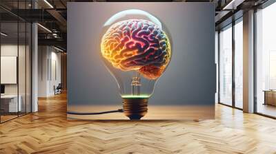  Virtual brain in light bulb education concept.creative thinking idea innovation strategy. AI generated image Wall mural