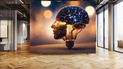  Virtual brain in light bulb education concept.creative thinking idea innovation strategy. AI generated image Wall mural