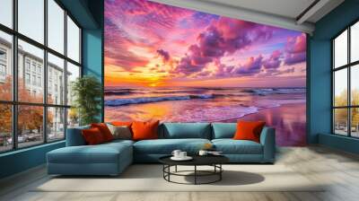 Atlantic ocean sunset with pink and purple sky, Lacanau France Wall mural