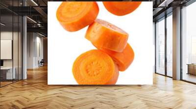 Falling Carrot slice isolated on white background, full depth of field Wall mural