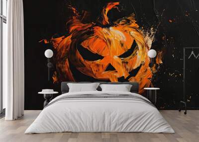 Scary Halloween Jack-o-lantern paint smear. in orange paint over black background Wall mural