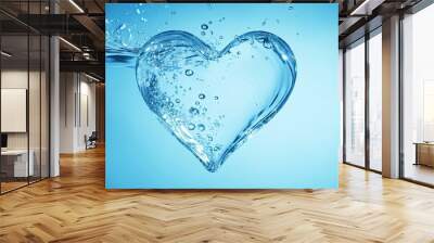 Water and water line on left side in the shape of a heart over blue background. Symbolizing hydration, clean water and water conservation. Wall mural