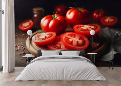 A few slices of ripe, juicy tomatoes are arranged on a wooden cutting board, with a dark background that makes the bright red of the tomatoes pop. Wall mural