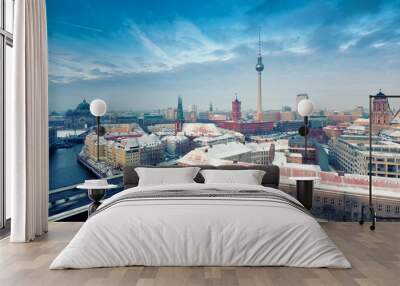 Berlin Skyline Winter City Panorama with snow and blue sky Wall mural