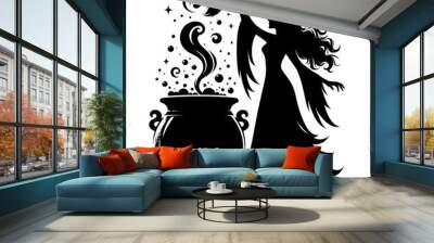 Silhouette of a magical witch stirring a cauldron with potions Wall mural