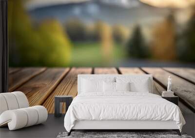 Wooden table on the grass. Wall mural