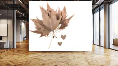 dried autumn leaves and hearts on white Wall mural