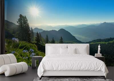 summer tyrol alms view with little blue flowers hills and mountains Wall mural