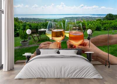 toast with wine in a vineyard bar with a nice view of Lake Balaton on a nice summer day with family friends Wall mural