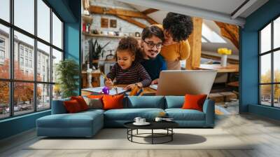 Multiracial family bonding together at home and teaching to draw Wall mural